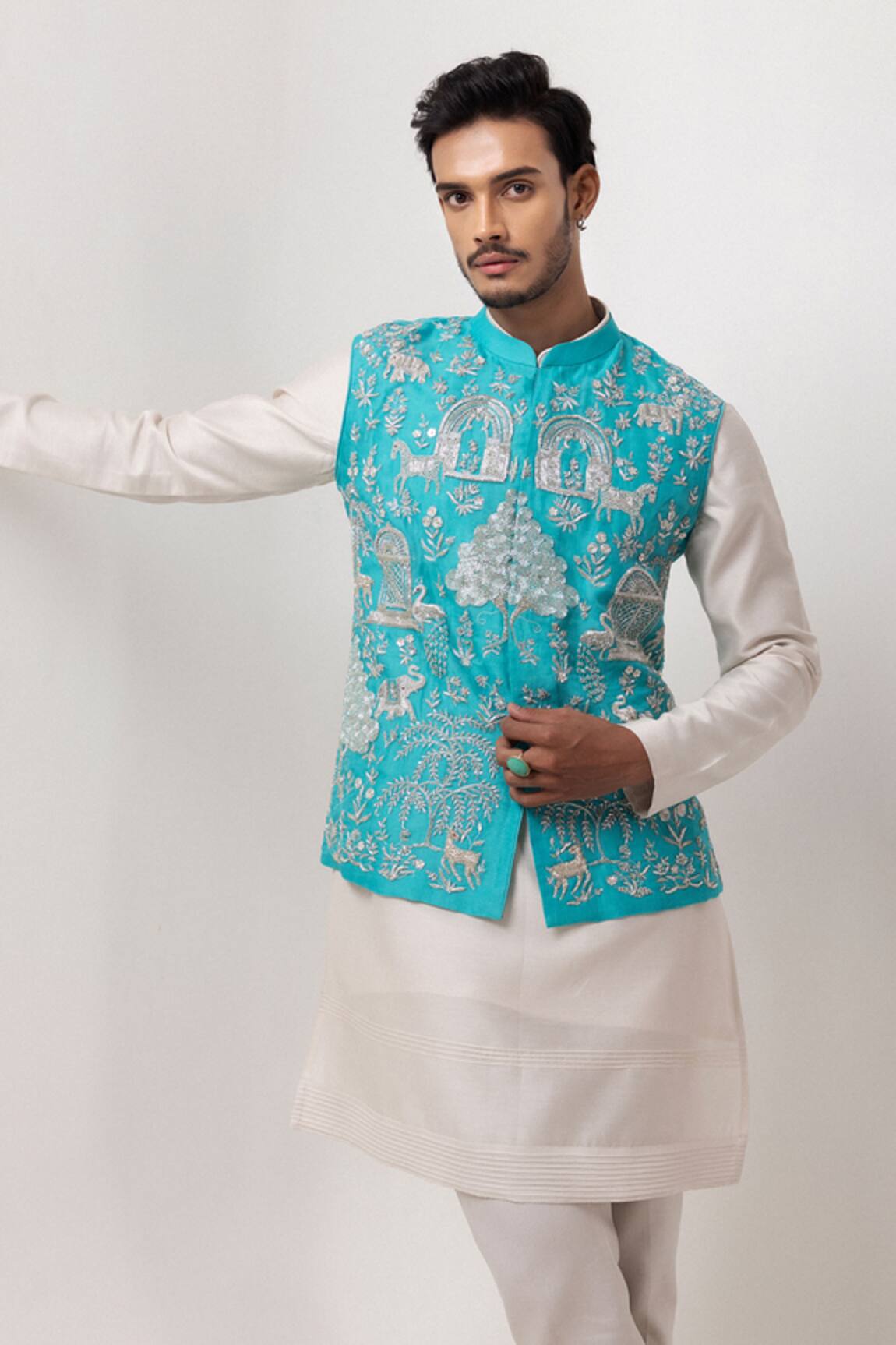 PAARSH Silver Seranade Embroidered Nehru Jacket Kurta Set 