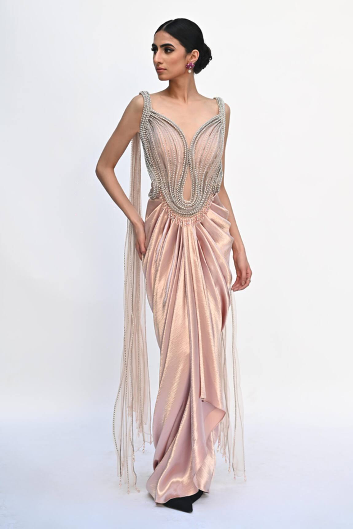 Rabiya Savlani Sculpted Peach Embroidered Saree Gown 