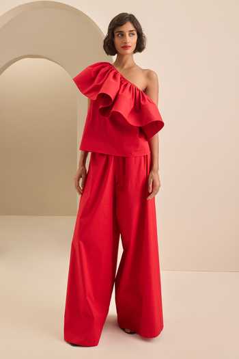 Gauri & Nainika One Shoulder Horse Hair Ruffle Top With Wide Leg Pant 