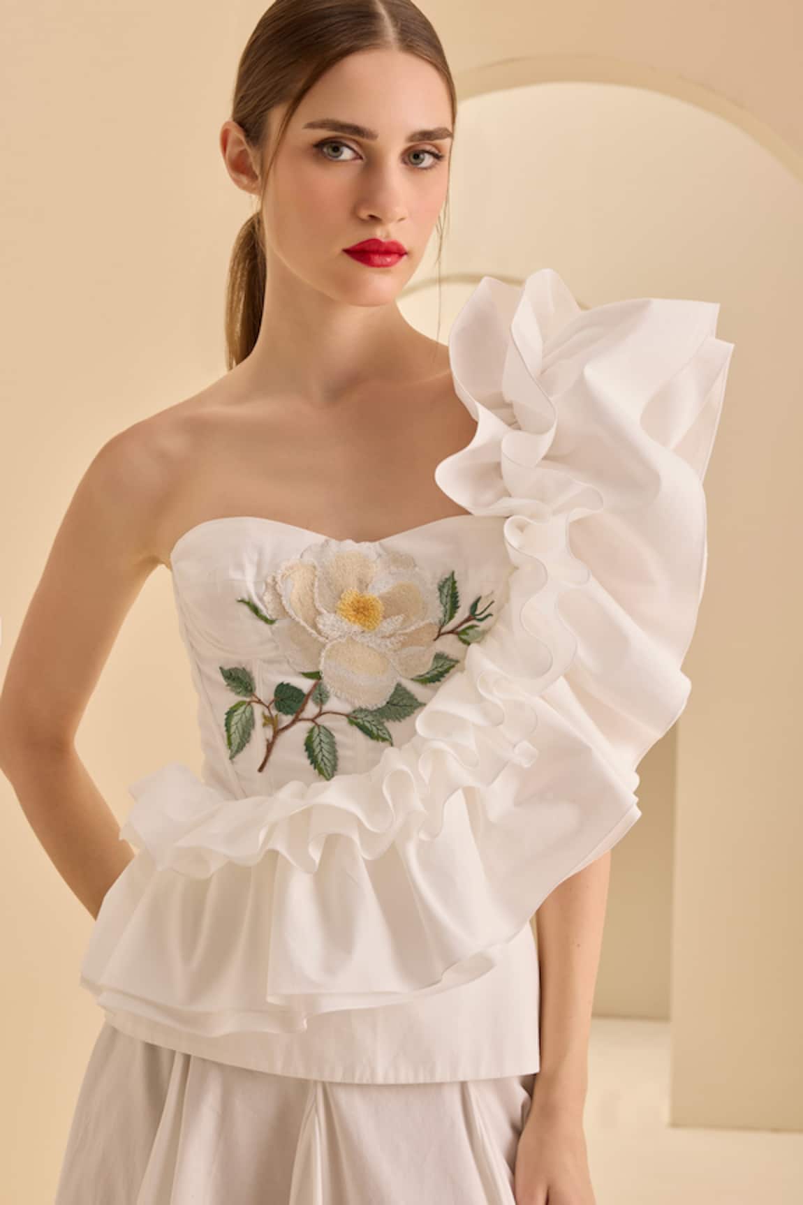 Gauri & Nainika Corsetted One Shoulder Ruffle Top 