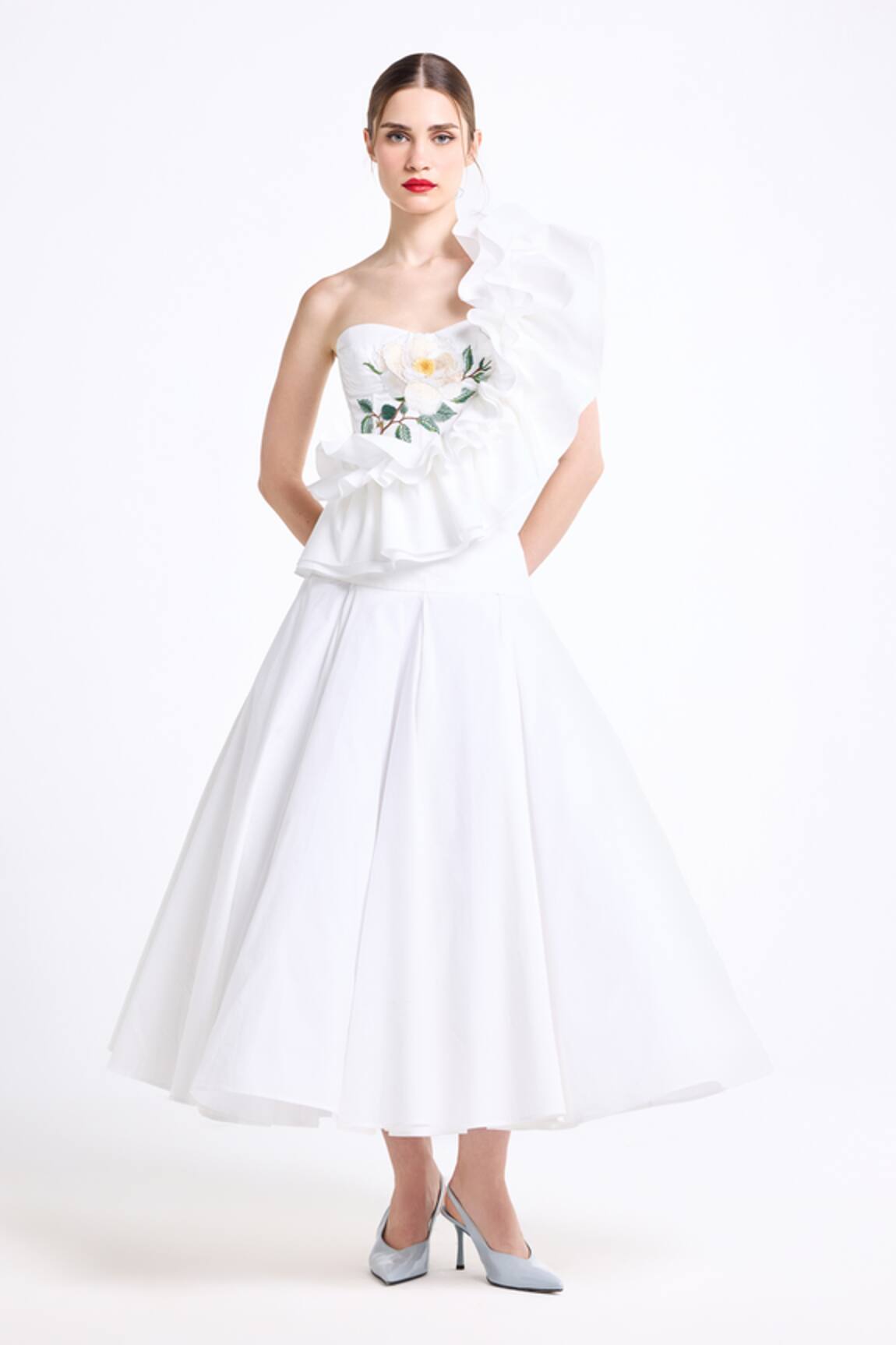 Gauri & Nainika Corsetted One Shoulder Ruffle Top & Godet Skirt 