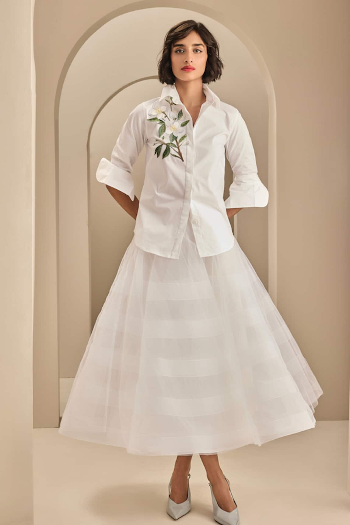 Gauri & Nainika Fitted Embroidered Shirt With Tea Length Skirt 