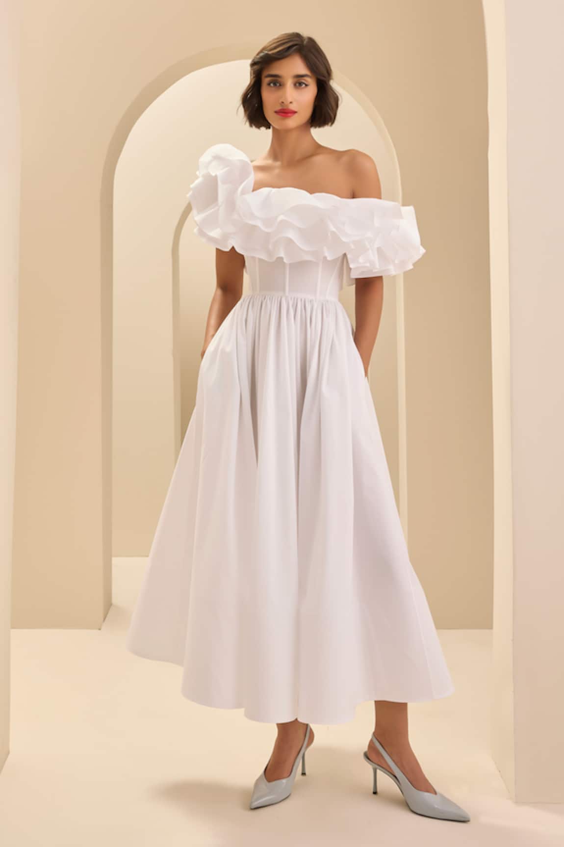 Gauri & Nainika Ruffled Corsetted Midi Dress 