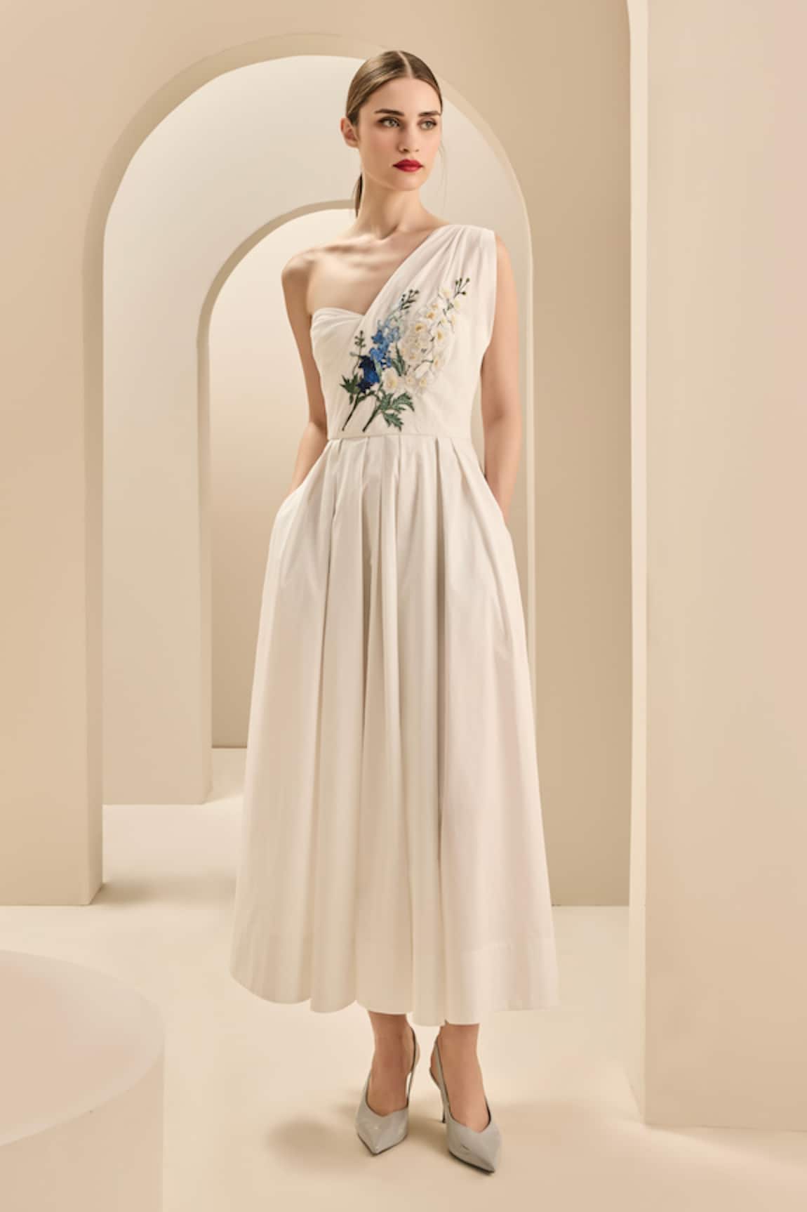 Gauri & Nainika One Shoulder Draped Midi Dress 