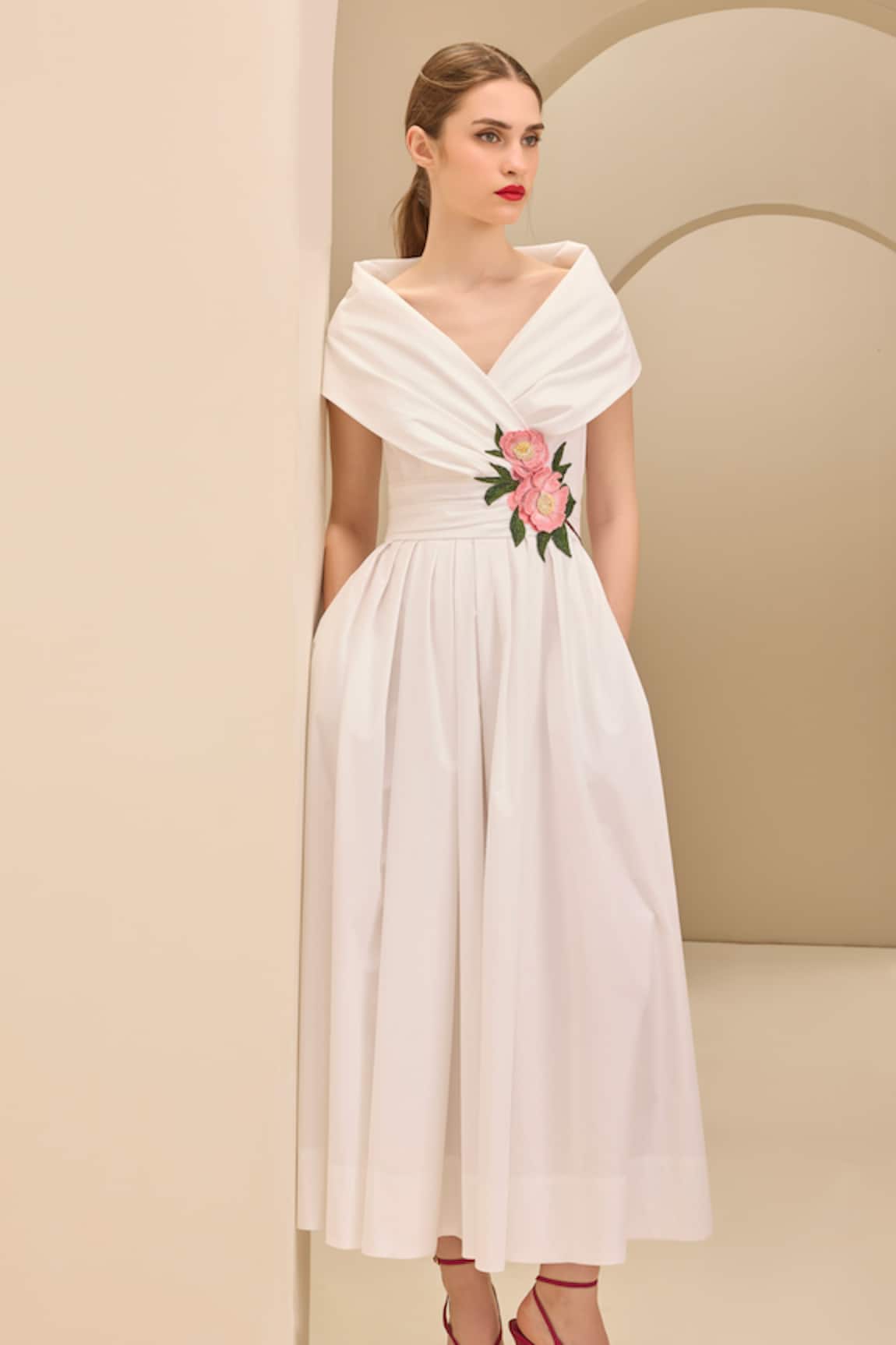 Gauri & Nainika Draped Shawl Collar Midi Dress 