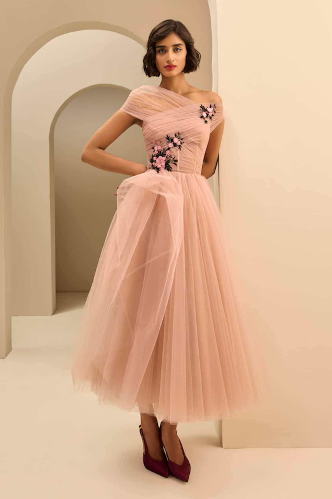 Gauri & Nainika Off Shoulder Draped Dress 