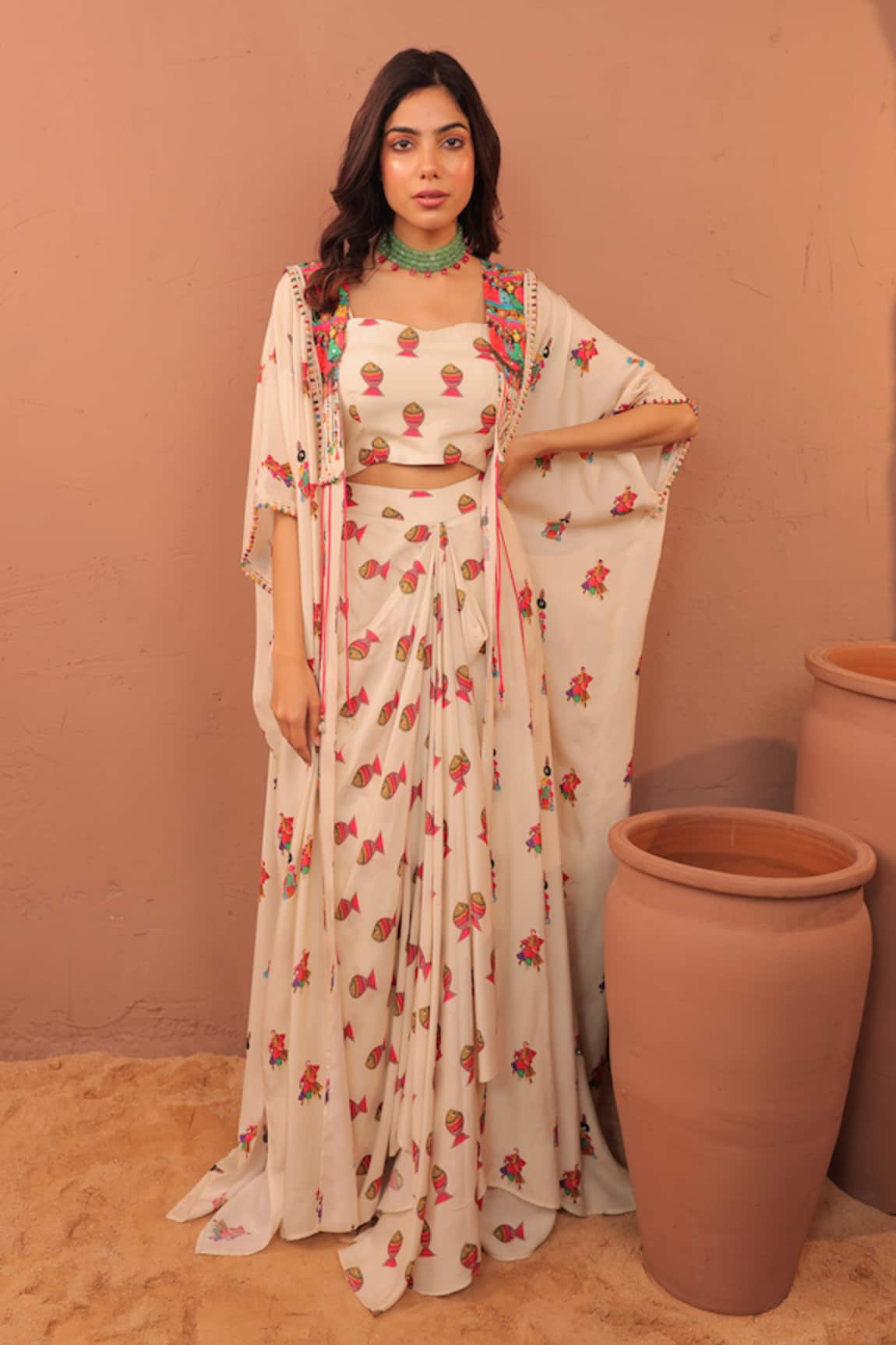 Surkh Syahi Albeli Cape & Draped Skirt Set 