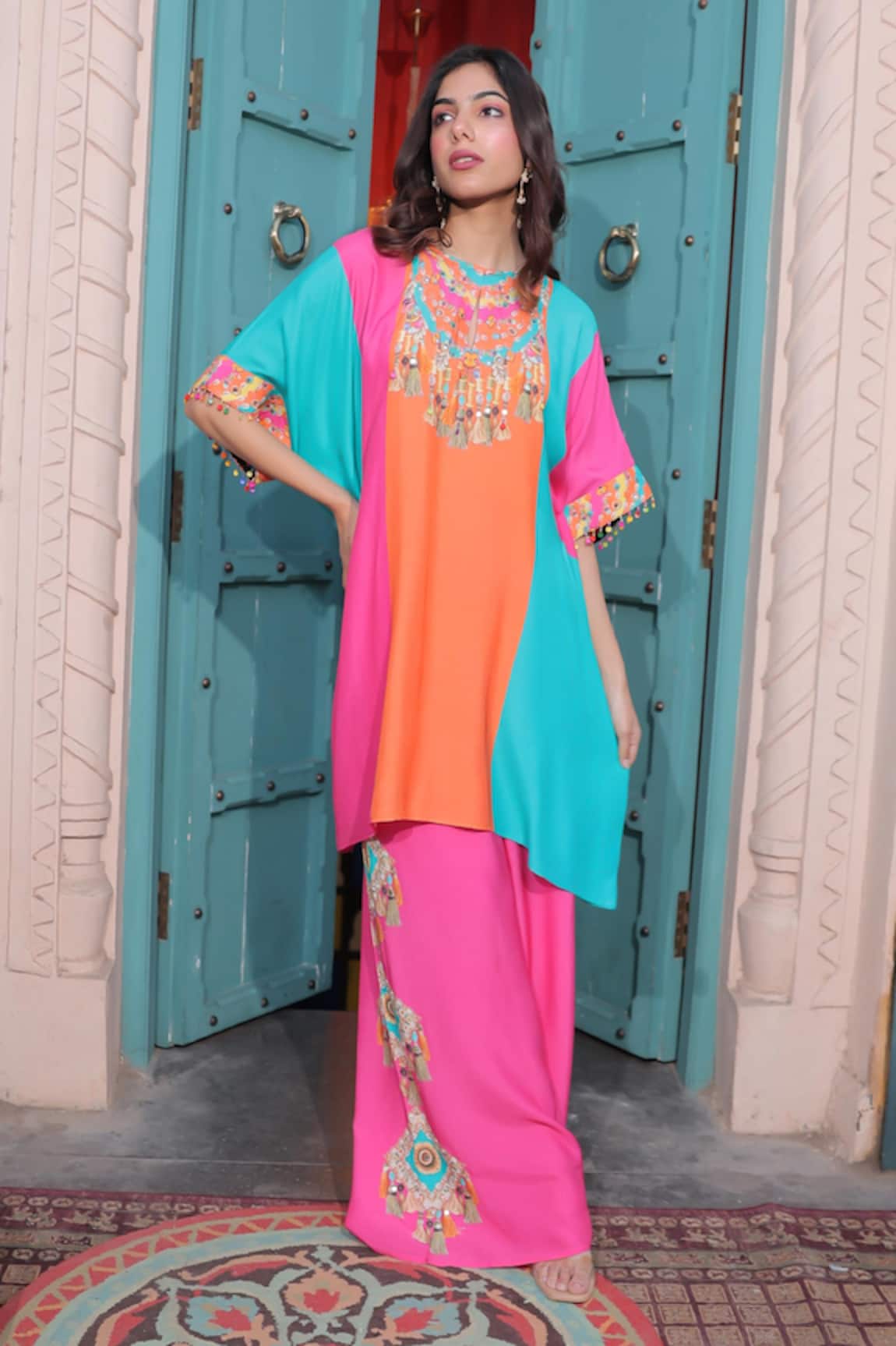 Surkh Syahi Banjara Colorblock Kaftan With Pant 
