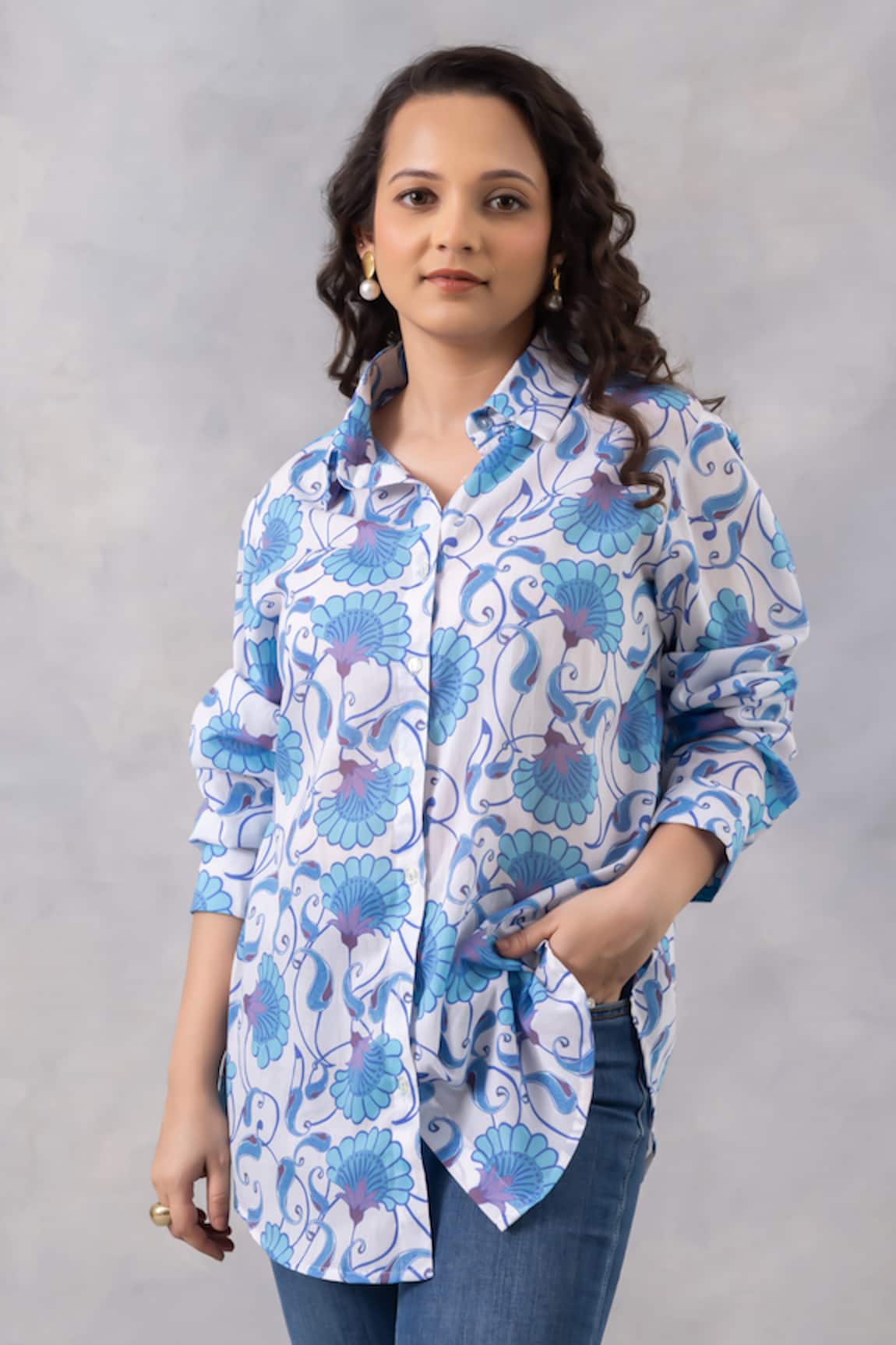 Thee Modern Roots Powder Blue Vine Cotton Mul Shirt 