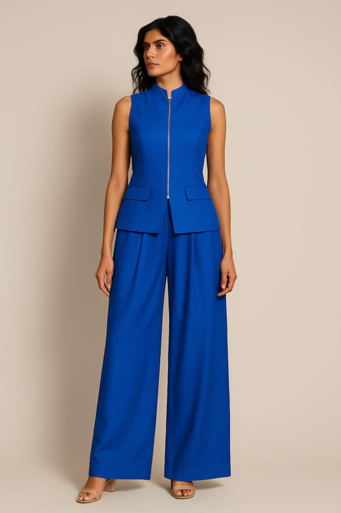 Ozel Blue Linen Satin Top & Pant Set 