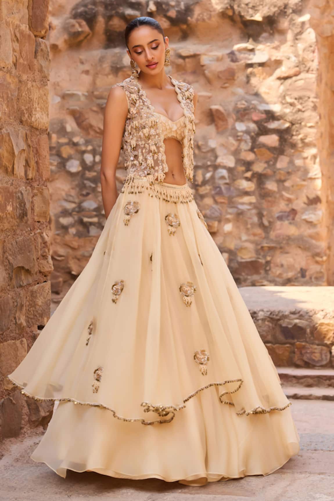 Awigna Champagne Short Jacket Layered Skirt Set 