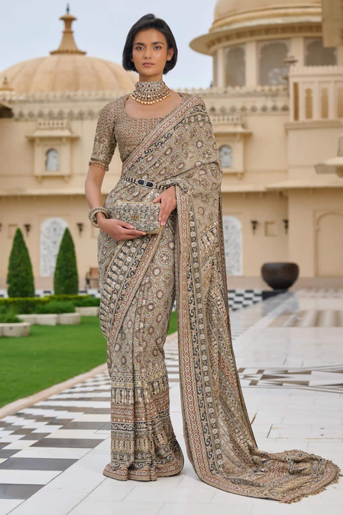 Tarun Tahiliani Kashida Embroidered Saree With Blouse 