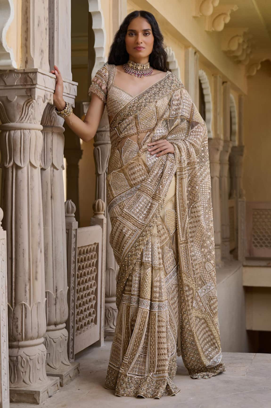 Tarun Tahiliani Jharoka Sequin Embroidered Saree With Blouse 