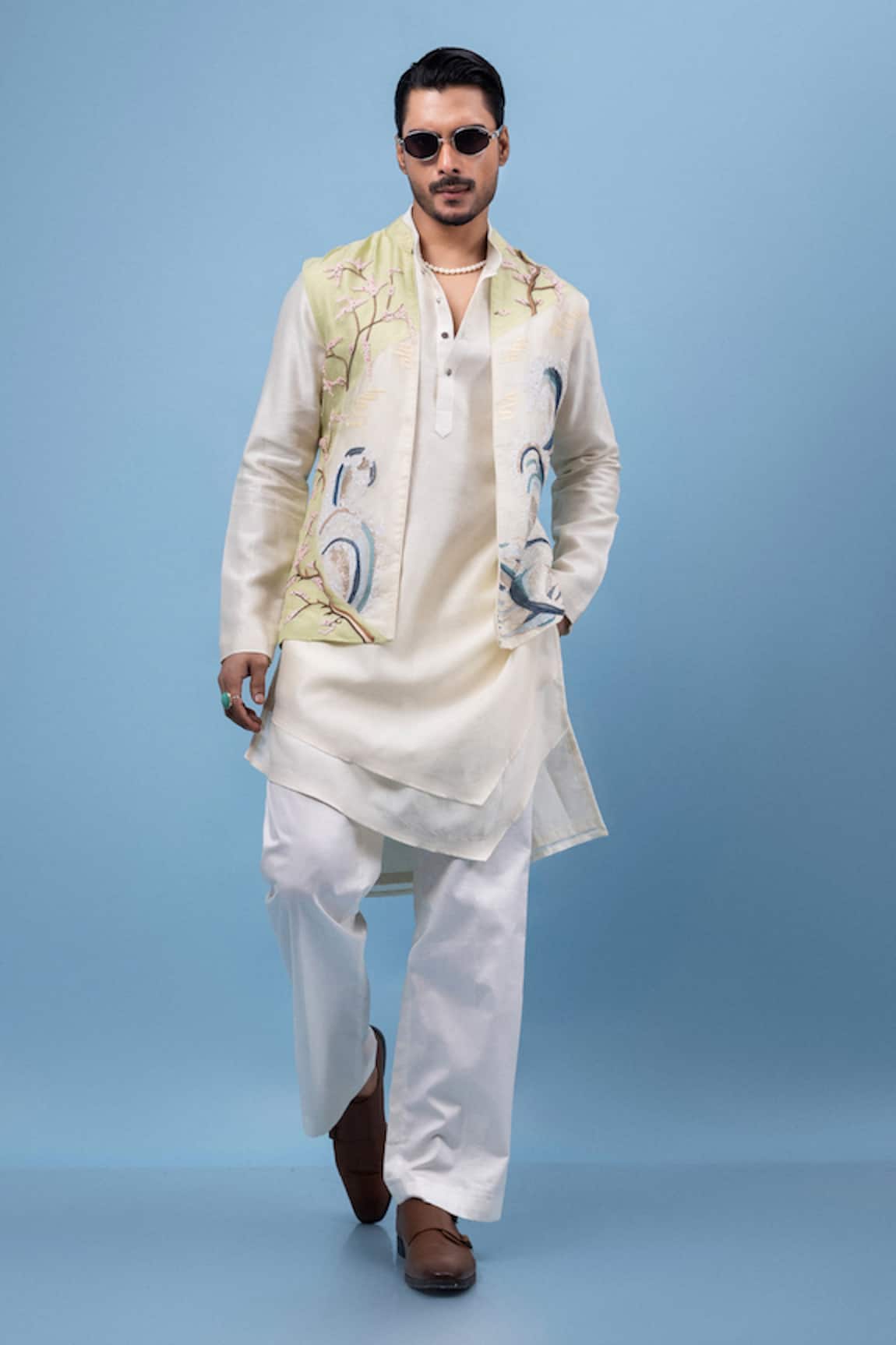 PAARSH Cherry Blossom Embroidered Nehru Jacket Kurta Set 