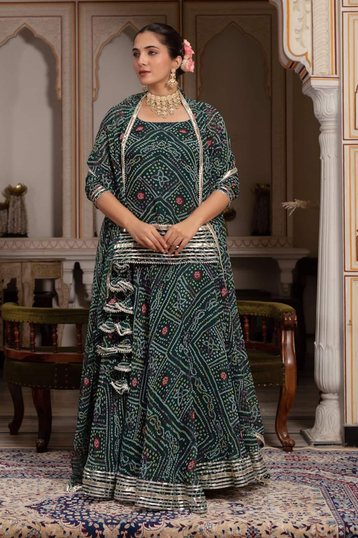 Pomcha Jaipur Georgette Bandhej Gota Patti Skirt Set 