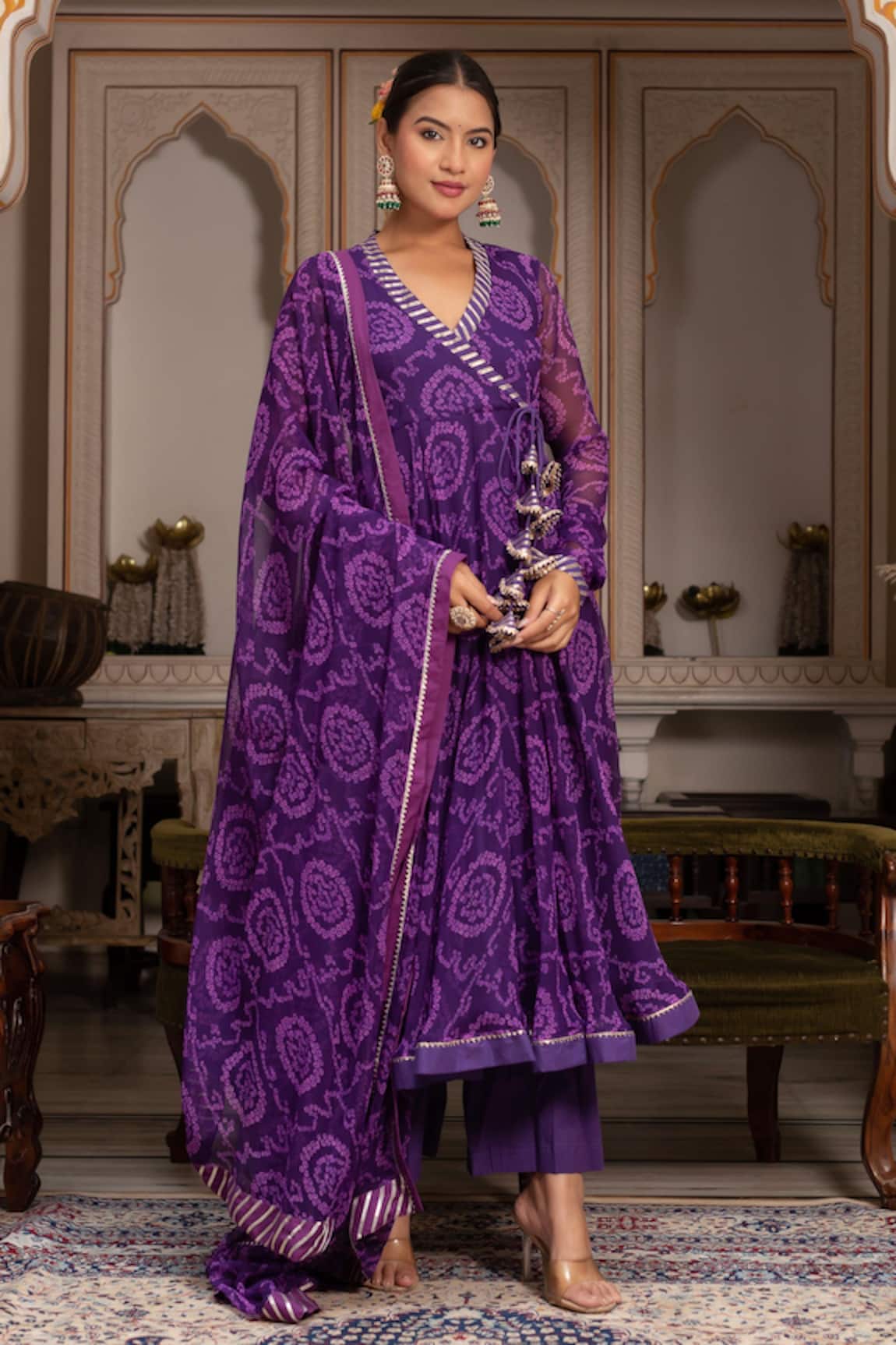 Pomcha Jaipur Bandhej Georgette Gota Patti Angrakha Set 