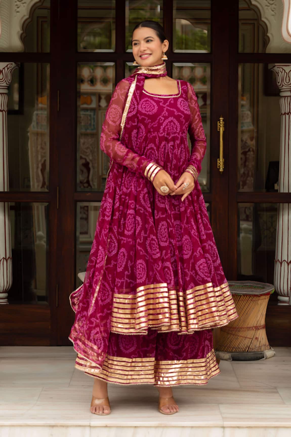 Pomcha Jaipur Bandhej Georgette Gota Patti Anarkali Set 