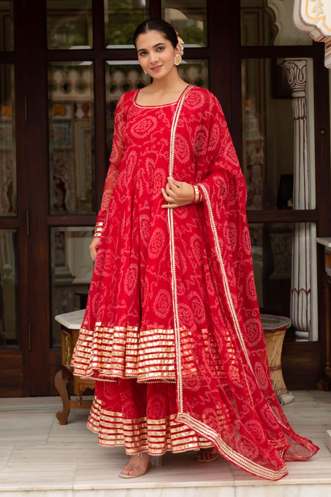 Pomcha Jaipur Bandhej Georgette Gota Patti Anarkali Set 