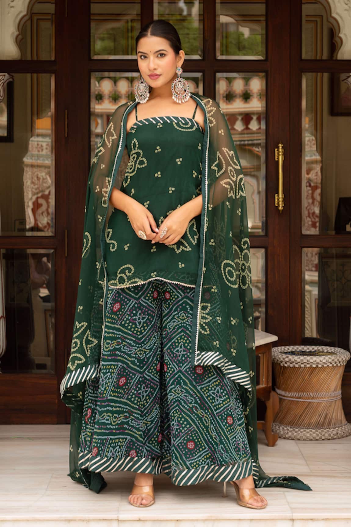 Pomcha Jaipur Bandhej Georgette Short Kurta Palazzo Set 