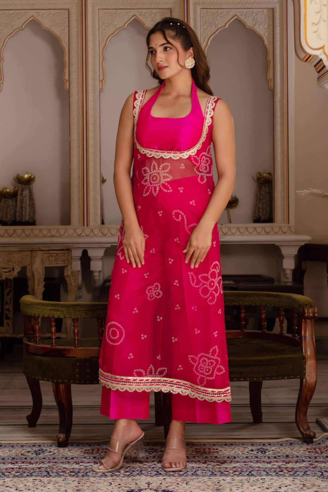 Pomcha Jaipur Pink Bandhej Georgette Kurta Pant Set 