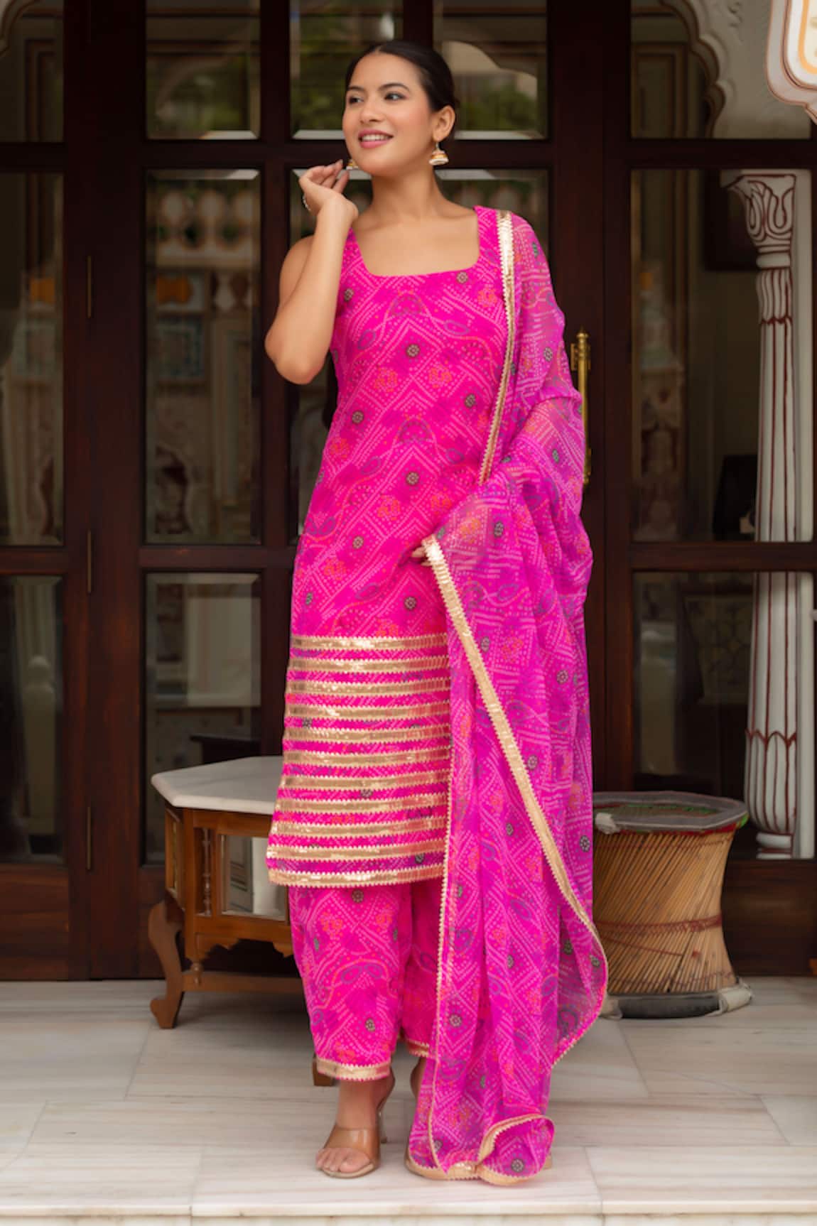 Pomcha Jaipur Radha Pink Bandhej Georgette Kurta Set 