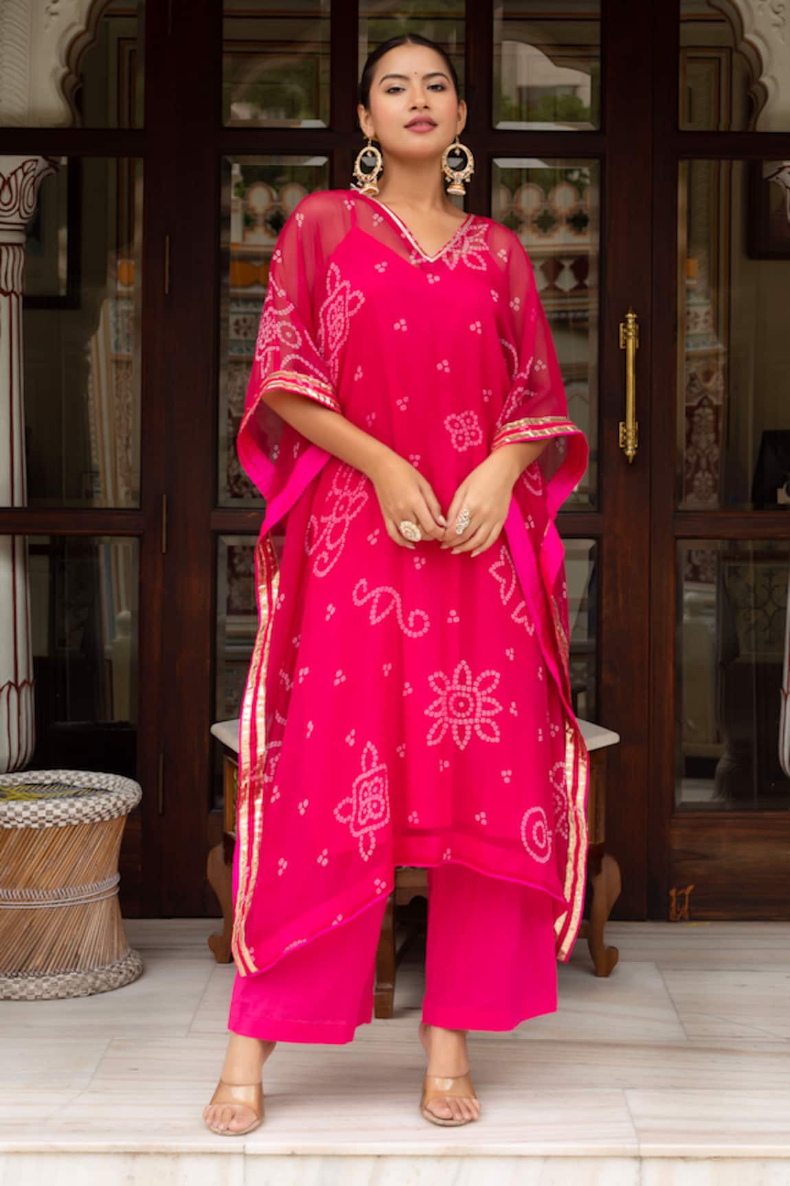 Pomcha Jaipur Bandhej Pink Kaftan With Cotton Pant 