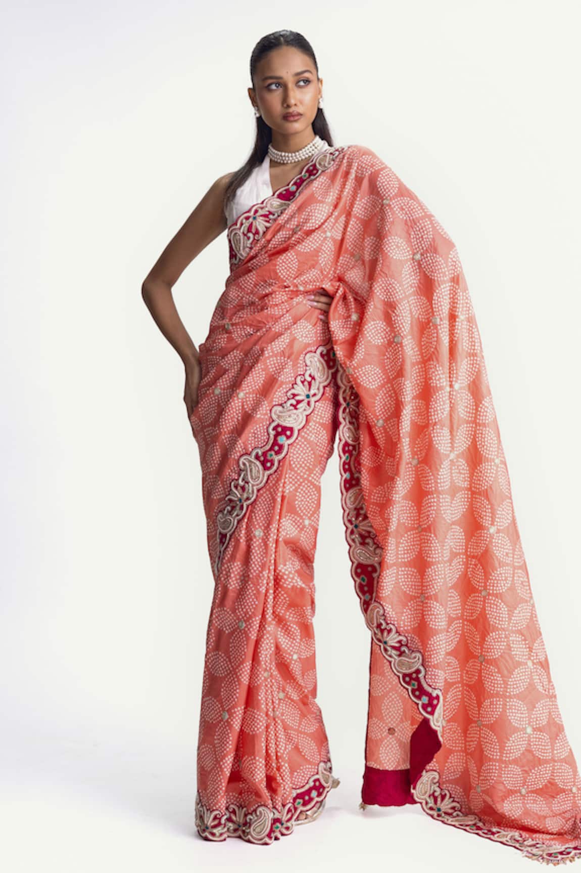Naina Jain Peach Bandhani Silk Pearl Work Saree With Unstitched Blouse Fabric 