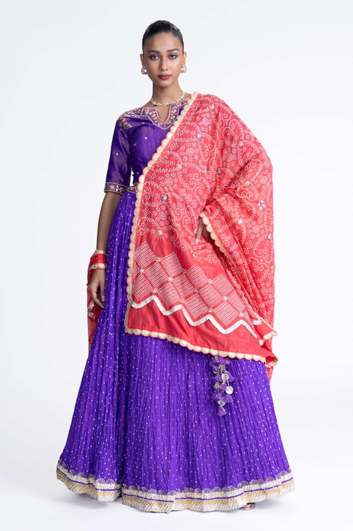 Naina Jain Purple Crushed Bandhani Silk Lehenga Set 