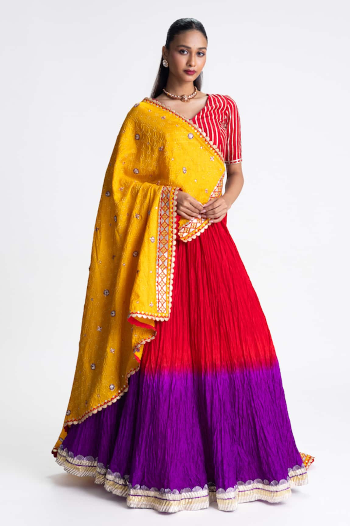 Naina Jain Red & Purple Crushed Silk Lehenga Set 