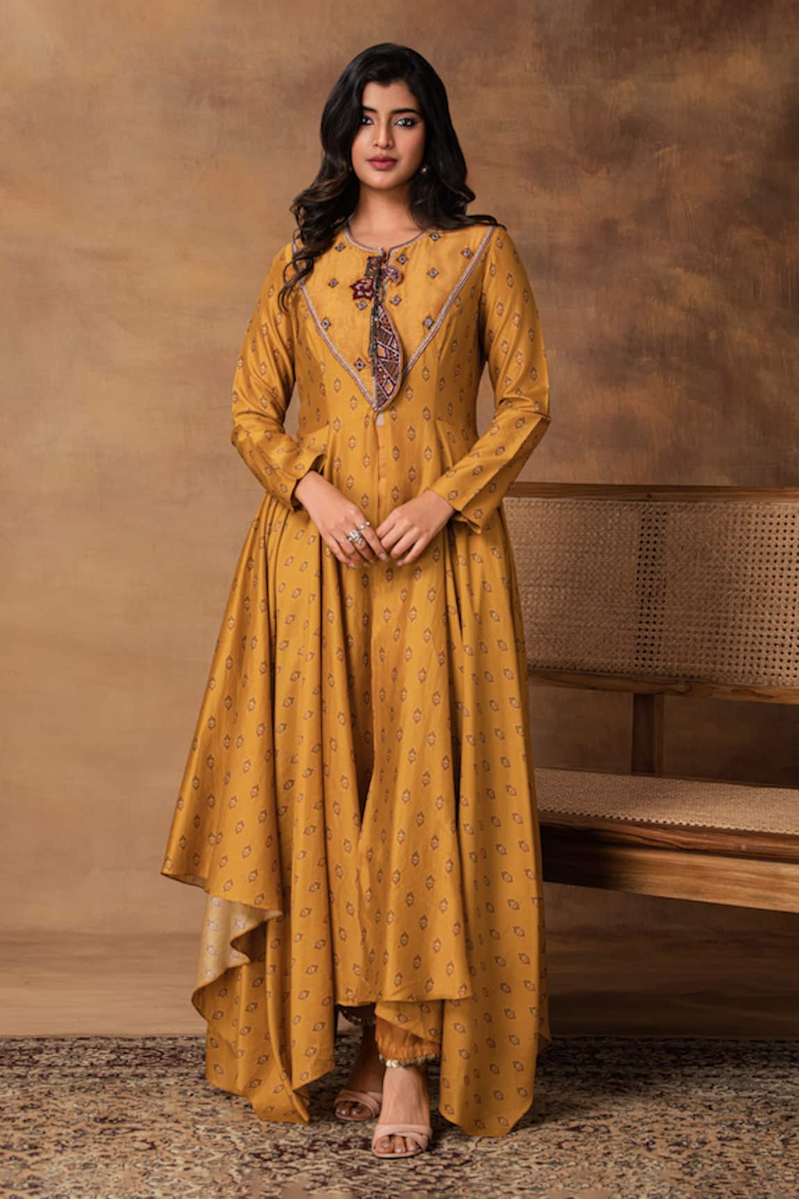 Isha Gupta Tayal Mustard Gold Printed Asymmetric Anarkali & Pant Set 