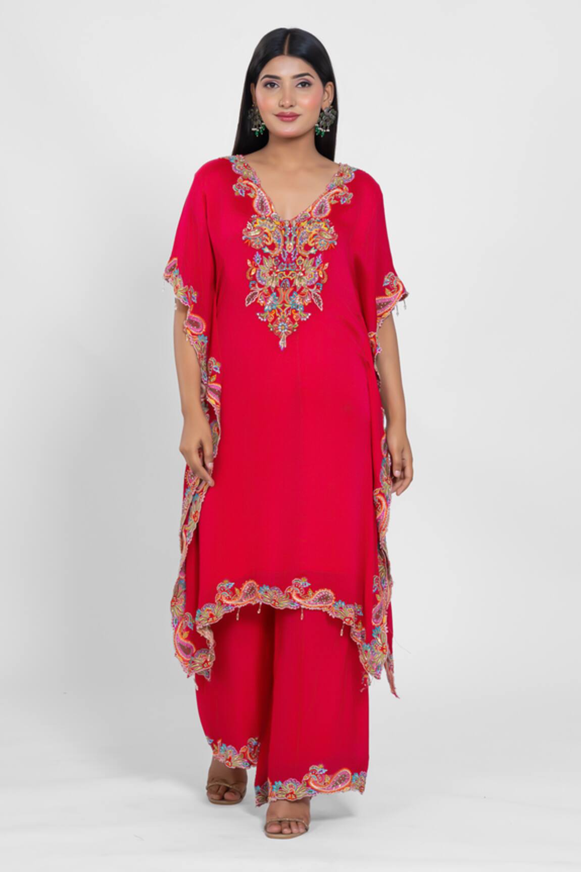 Ellemora Fashions Fuchsia Flame Yoke Embroidered Kaftan With Pant 