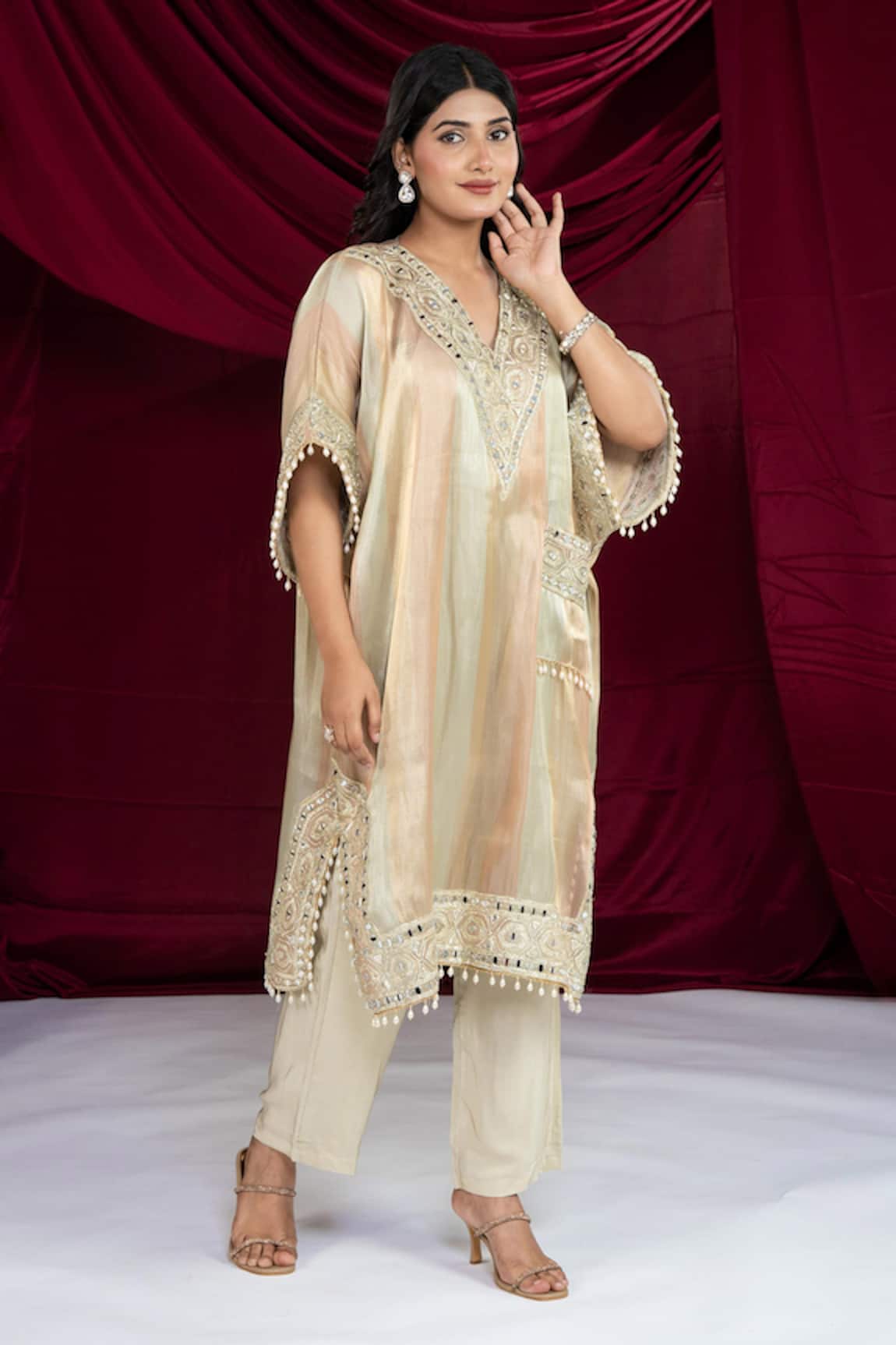 Ellemora Fashions Multicolor Gold Tissue Kaftan Set 