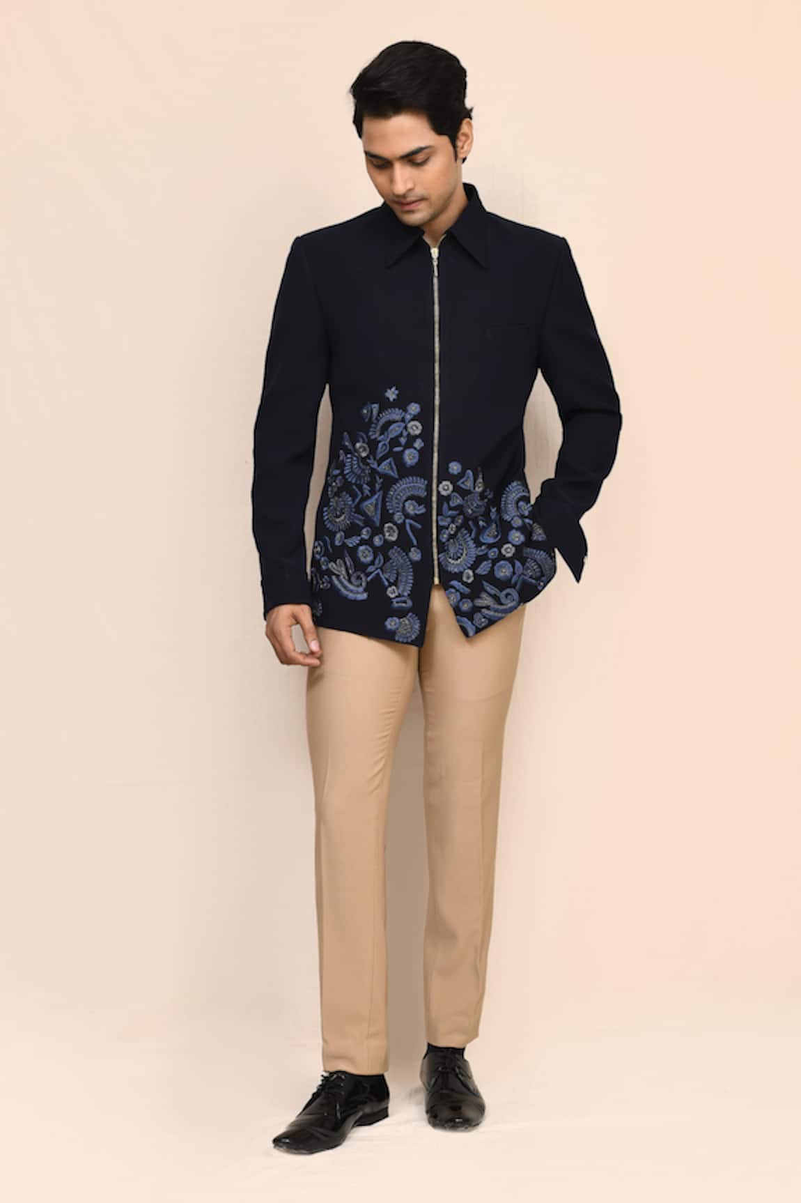 Aryavir Malhotra Navy Blue Hand Work Jacket & Beige Pant Set 