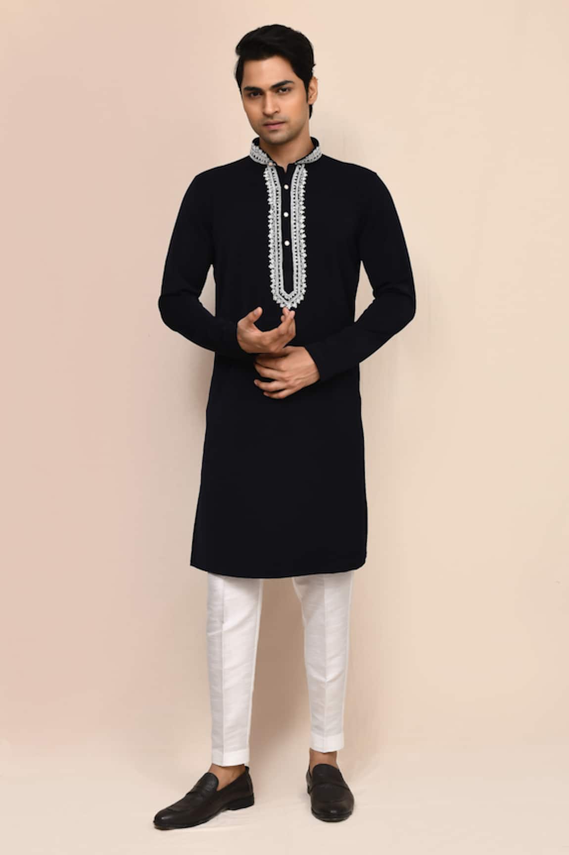 Aryavir Malhotra Black Hand Work Kurta & White Pant Set 