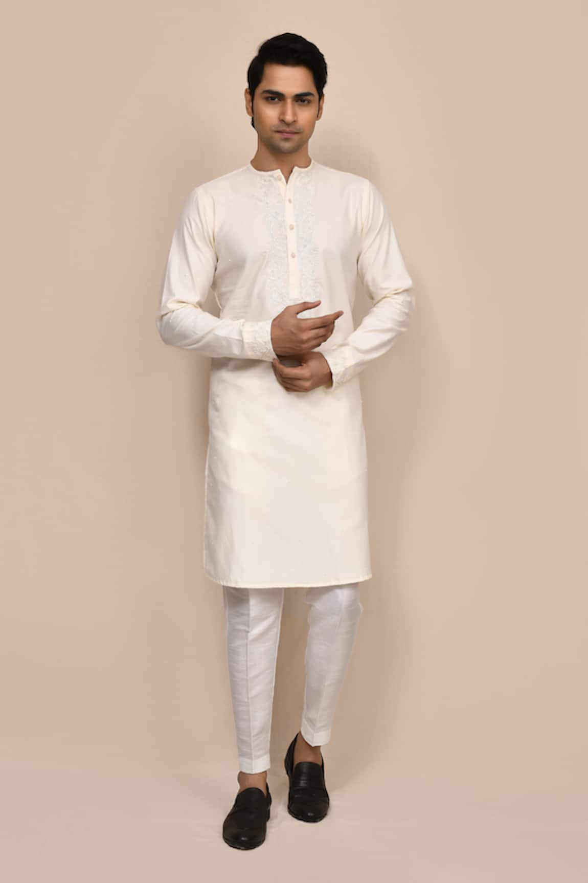 Aryavir Malhotra Cream Cutdana Work Kurta & Pant Set 