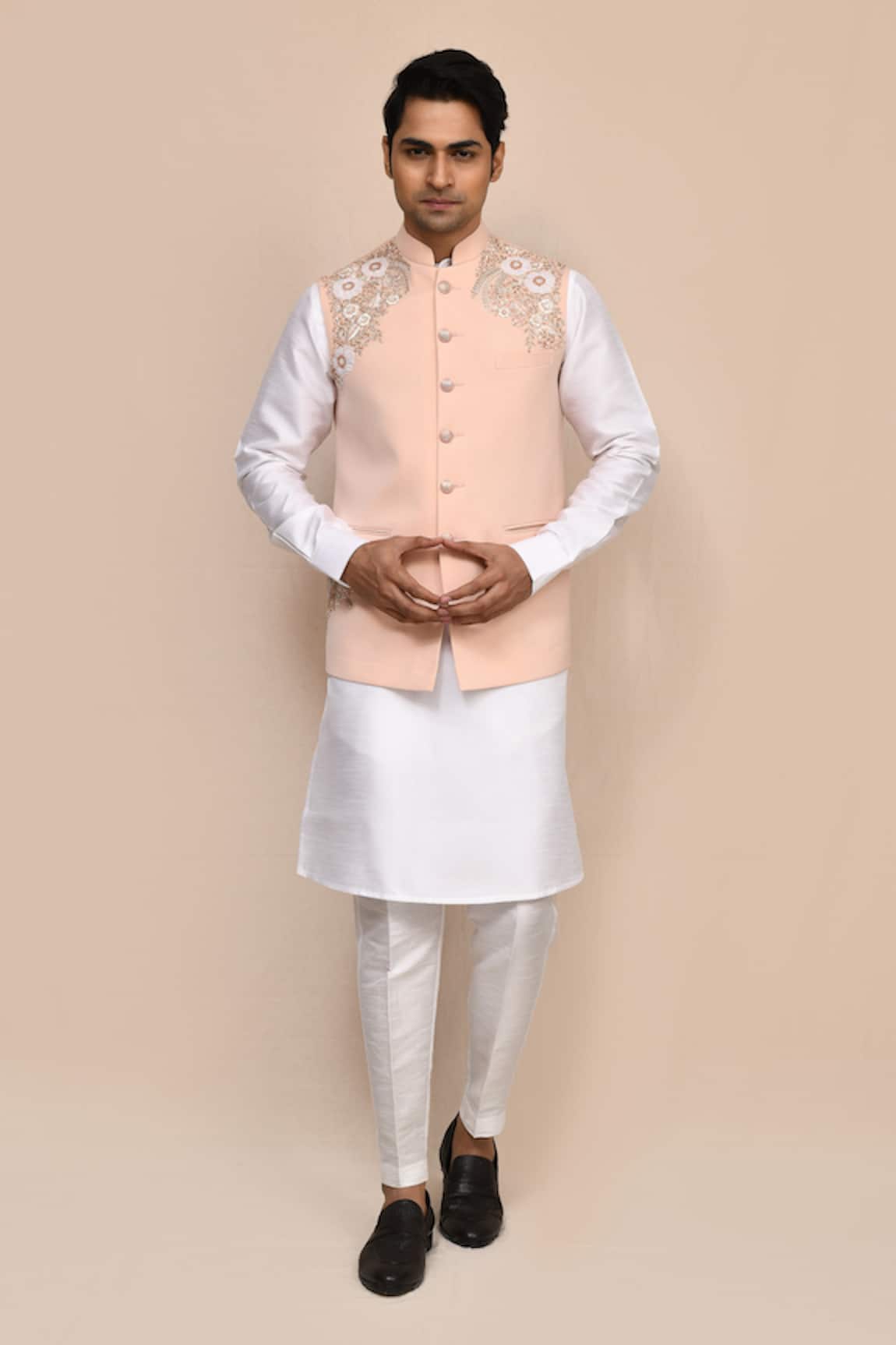 Aryavir Malhotra Rose Pink Hand Work Bundi Set 
