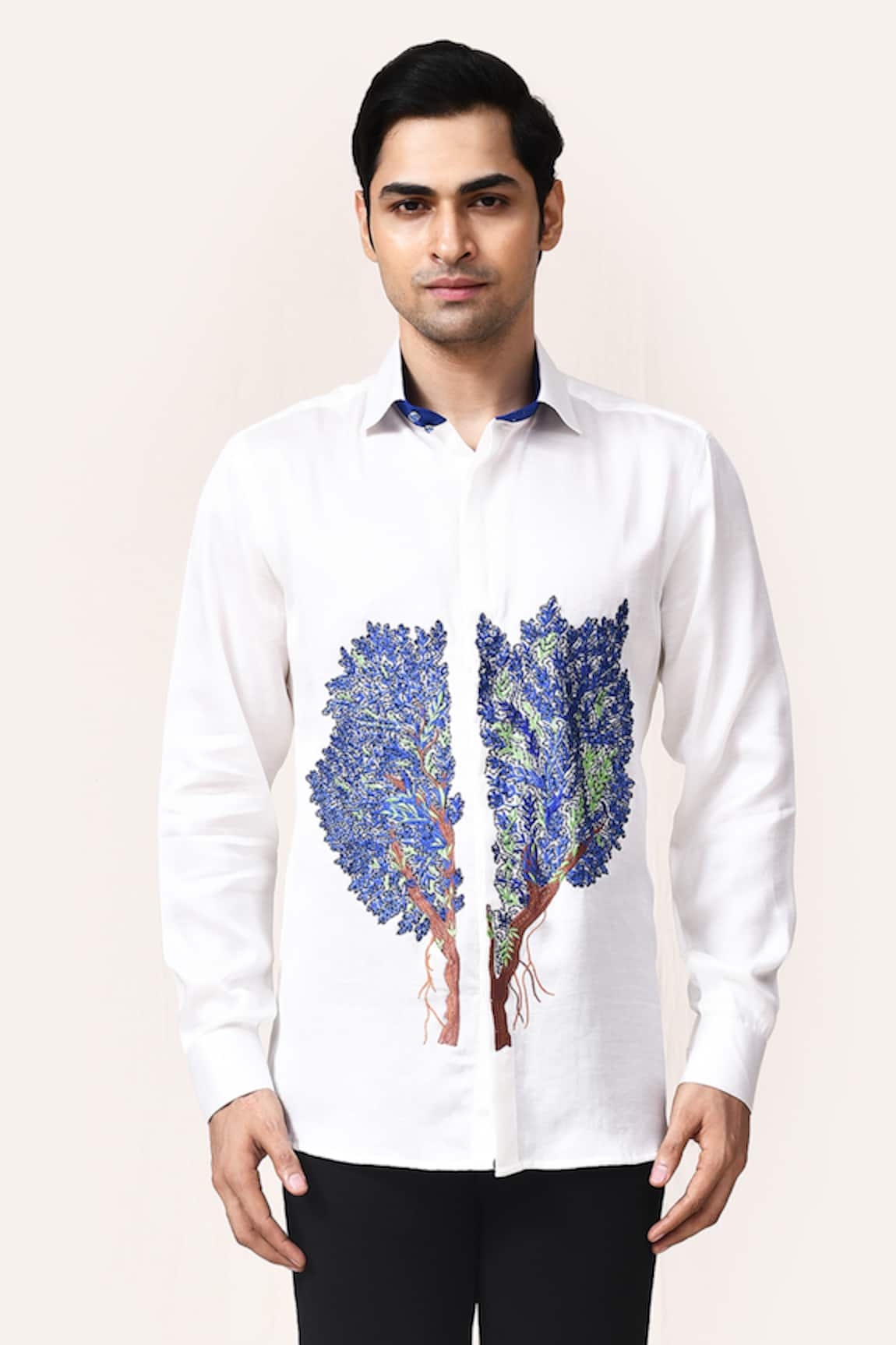 Aryavir Malhotra White Linen Satin Tree Hand Work Shirt 