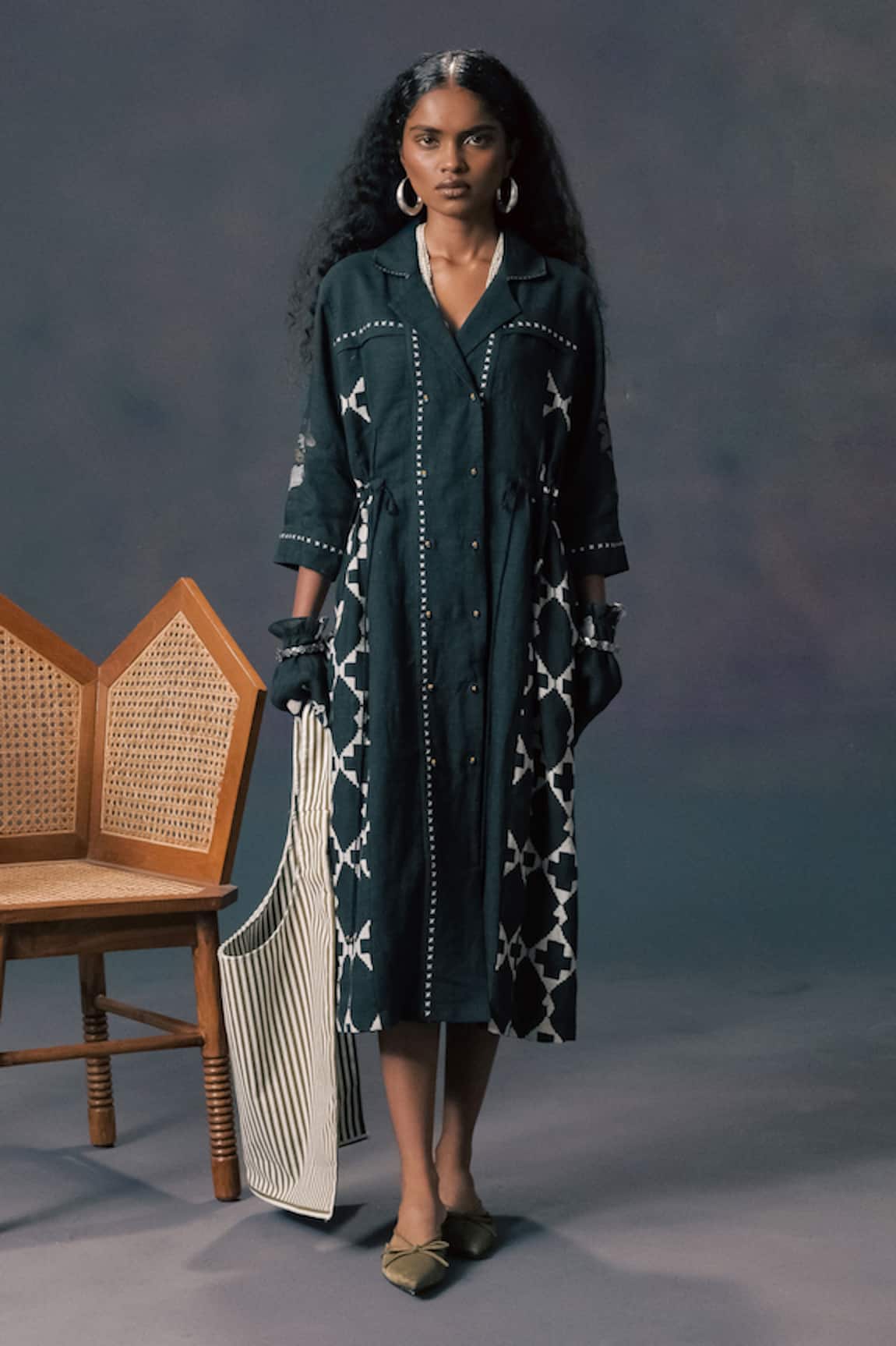 Arcvsh By Pallavi Singh Green Linen Embroidered Shirt Dress 