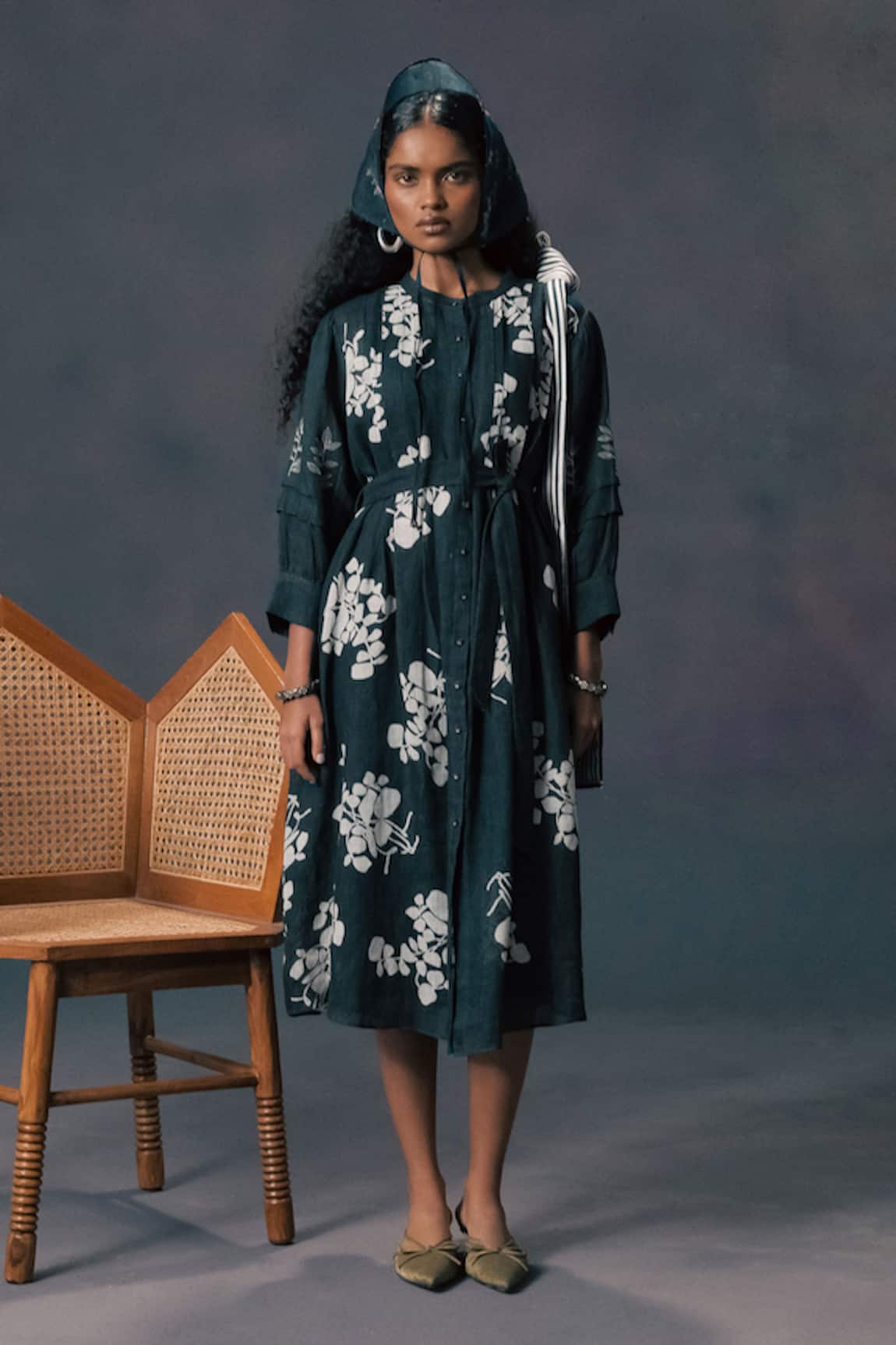 Arcvsh By Pallavi Singh Green Discharge Print Gauze Linen Dress 