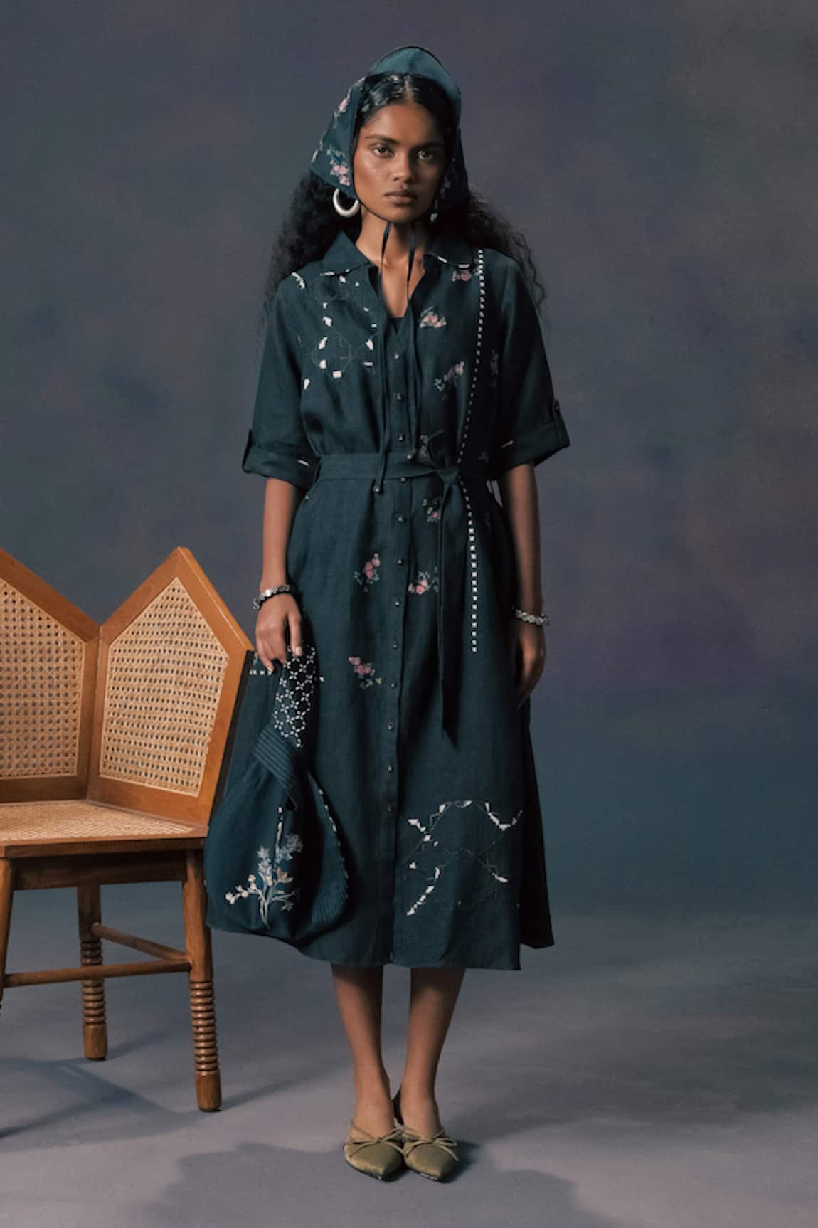 Arcvsh By Pallavi Singh Green Rose Print Linen Dress 