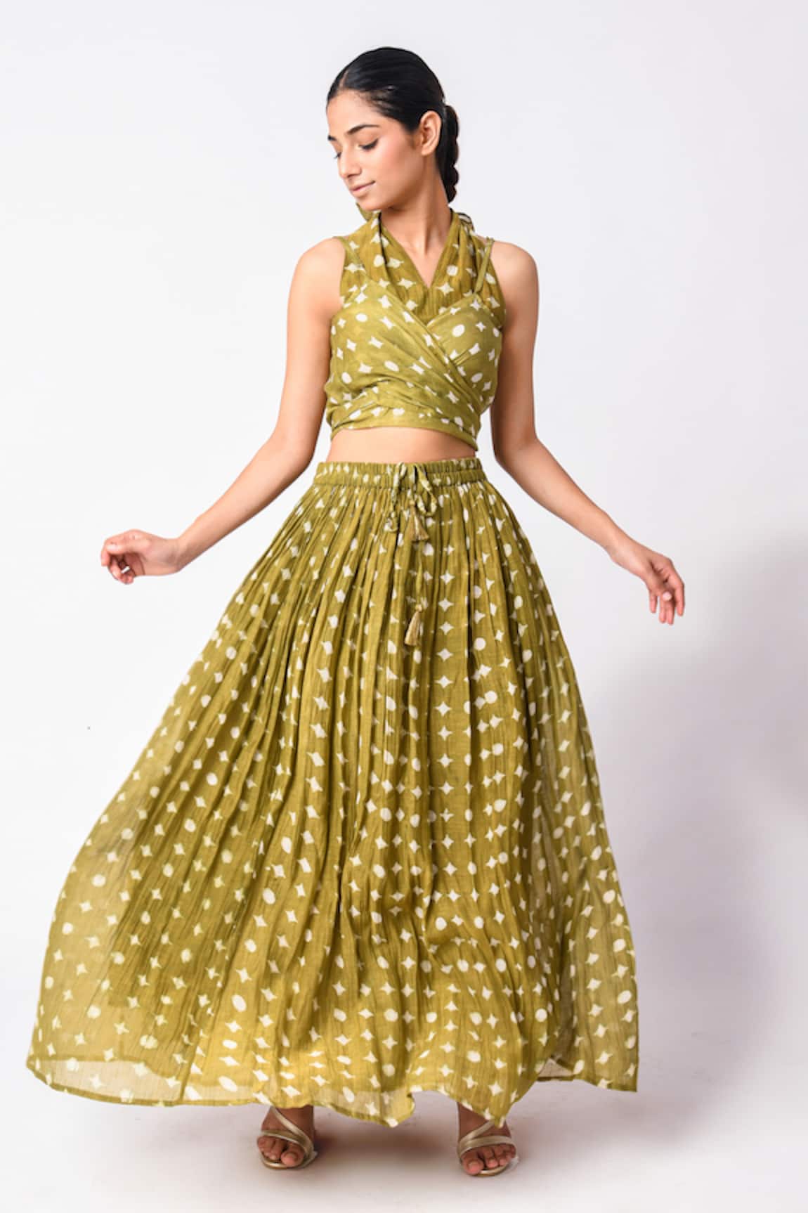 Jayati Goenka Chanderi Silk Printed Wrap Top Skirt Set 