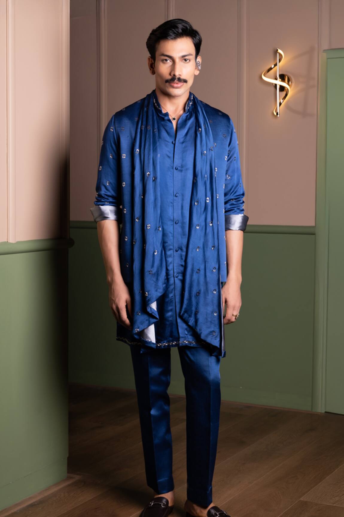 Kaaj Button Embroidered Draped Bundi & Kurta Set