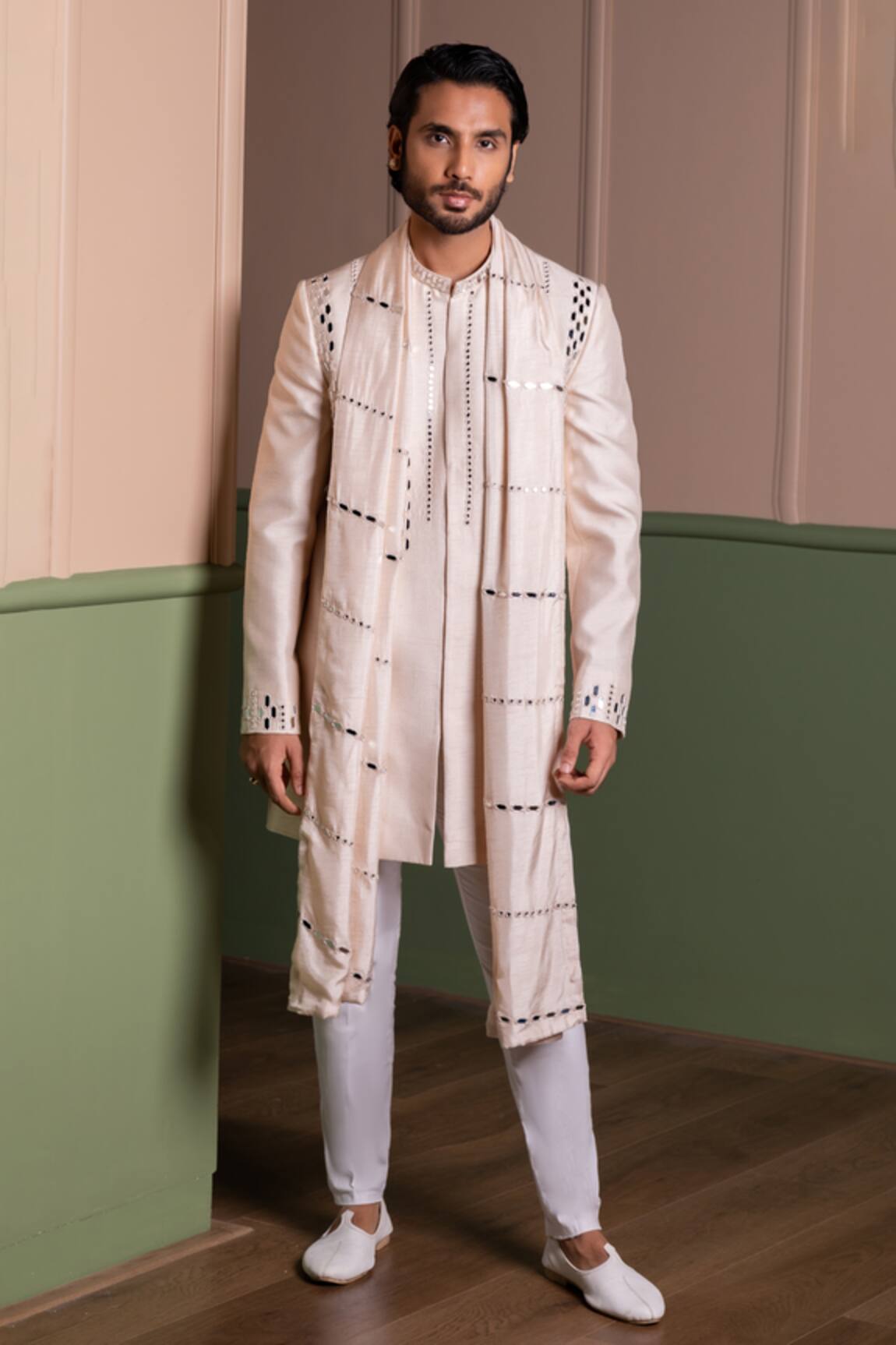 Kaaj Button Mirror Work Sherwani Set