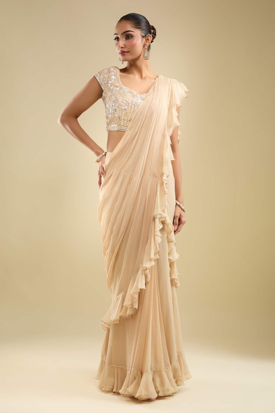 Samyukta Singhania Ruffle Pre-Draped Saree With Embroidered Blouse 