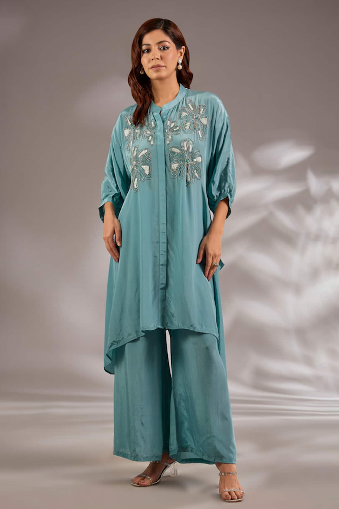 Studio A Sequin Embroidered Asymmetric Kaftan & Pant Set 