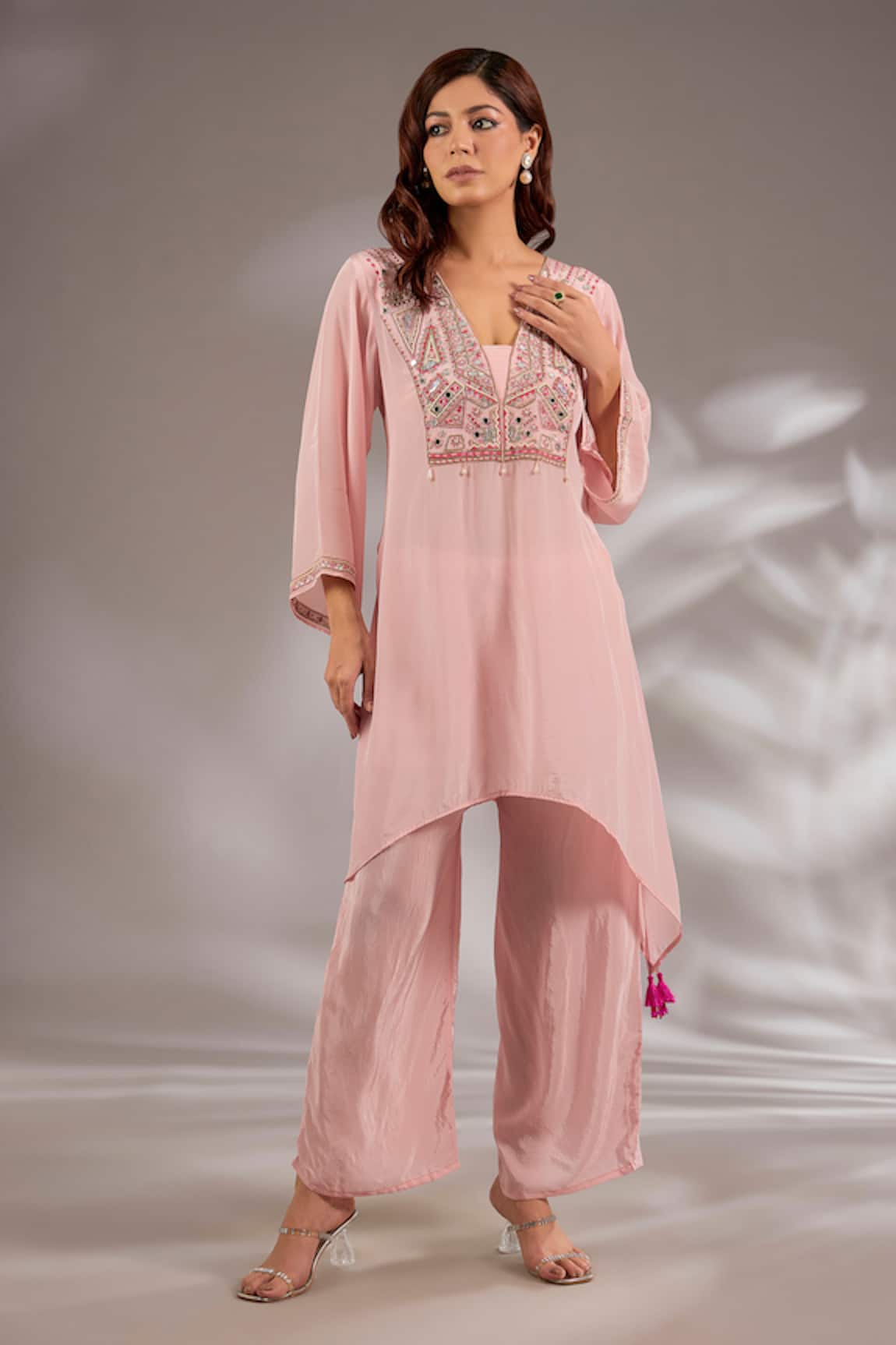 Studio A Pink Crepe Mirror Embroidered Kaftan Set 