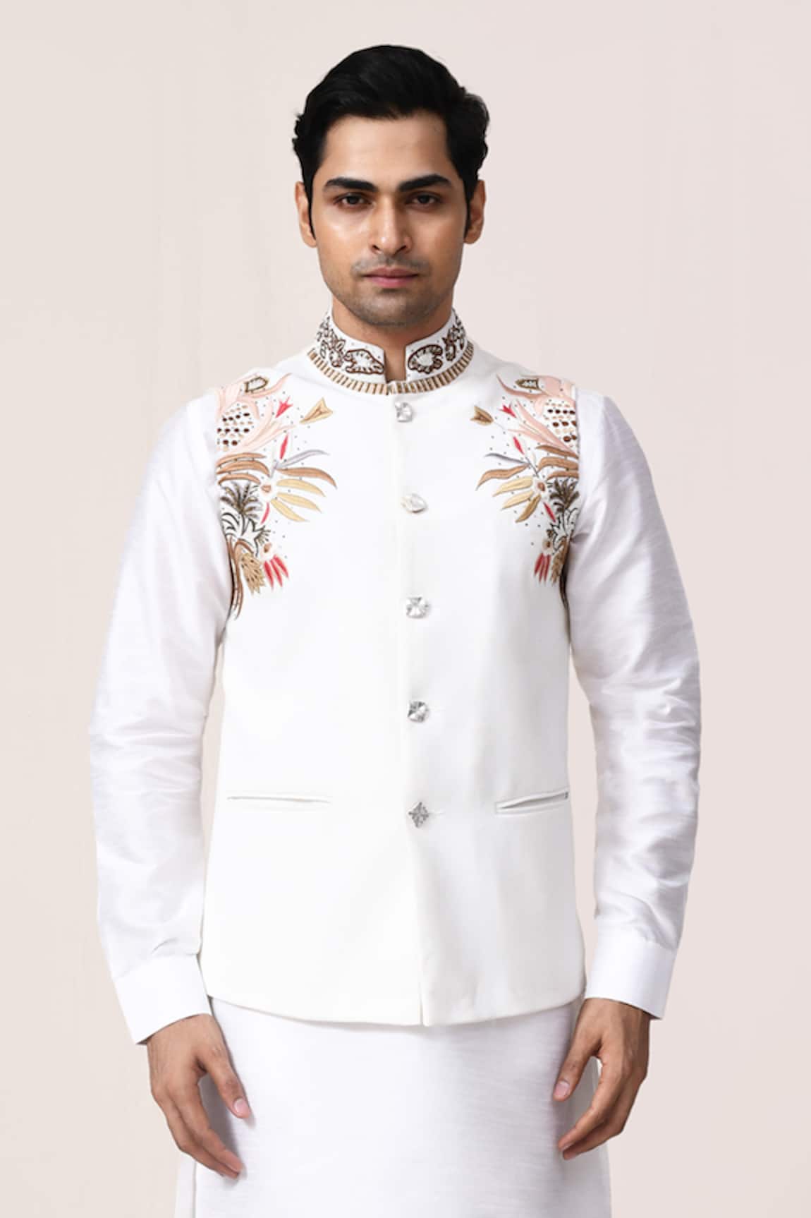 Aryavir Malhotra Off White Hand Embroidered Nehru Jacket 