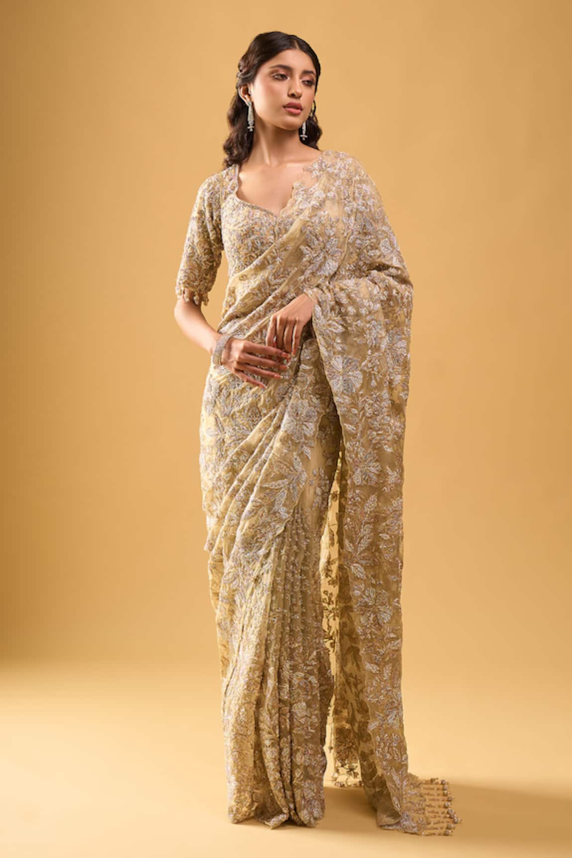 Azeera Embroidered Gold Saree With Blouse 