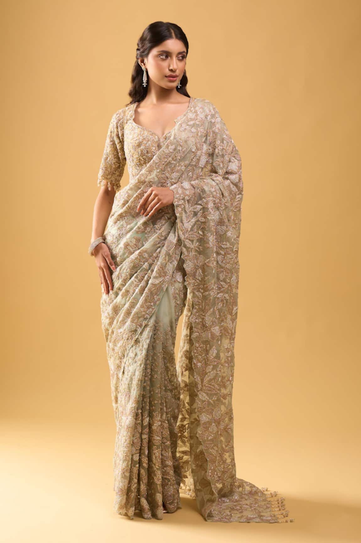 Azeera Blue Embroidered Saree With Unstitched Blouse Piece 
