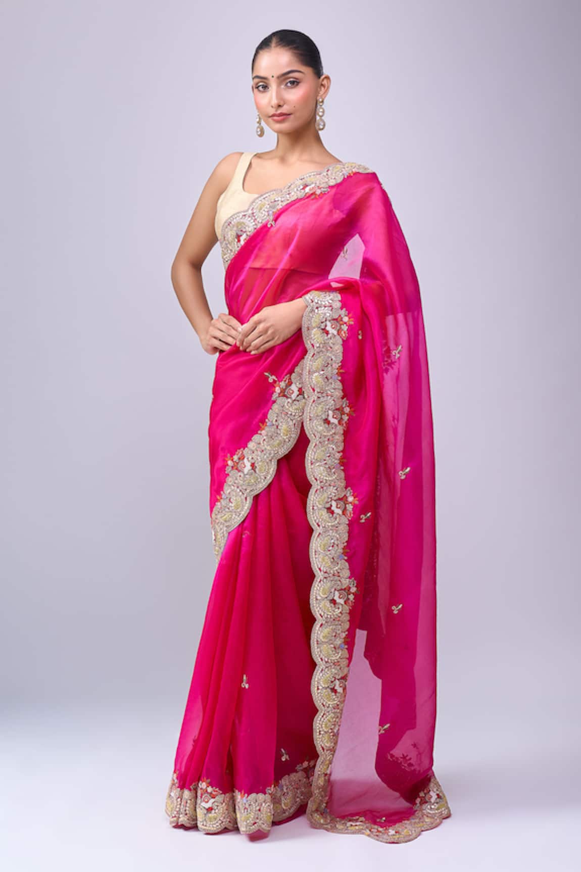 Azeera Embroidered Scalloped Saree With Unstitched Blouse Piece 